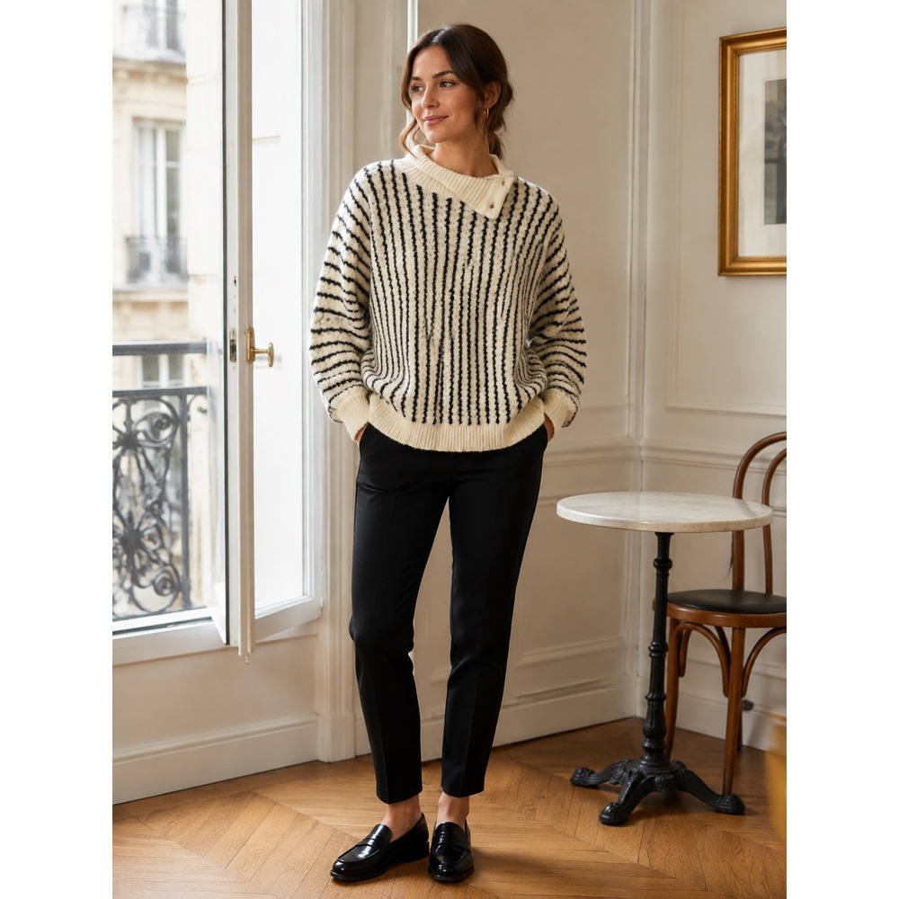 FRNCH Paris M/L Fuzzy Striped Sweater Asymmetrical Button Mock Neck Ivory Black